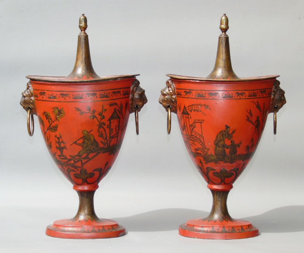 Antique Pair Regency Toleware Chestnut Urns and Covers View VI