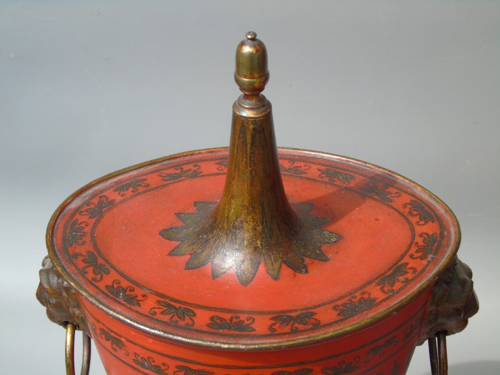 Antique Pair Regency Toleware Chestnut Urns and Covers View VII