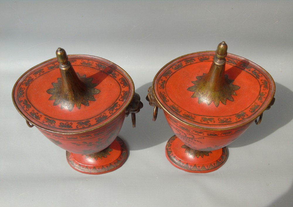 Antique Pair Regency Toleware Chestnut Urns and Covers View VIII