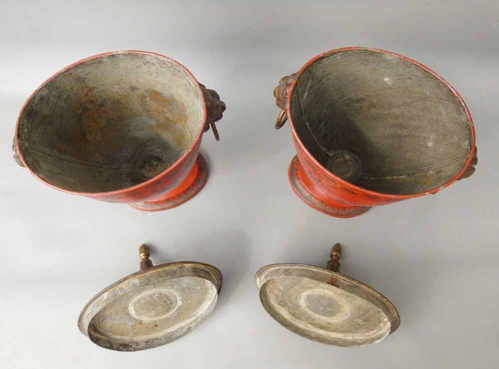 Antique Pair Regency Toleware Chestnut Urns and Covers View IX