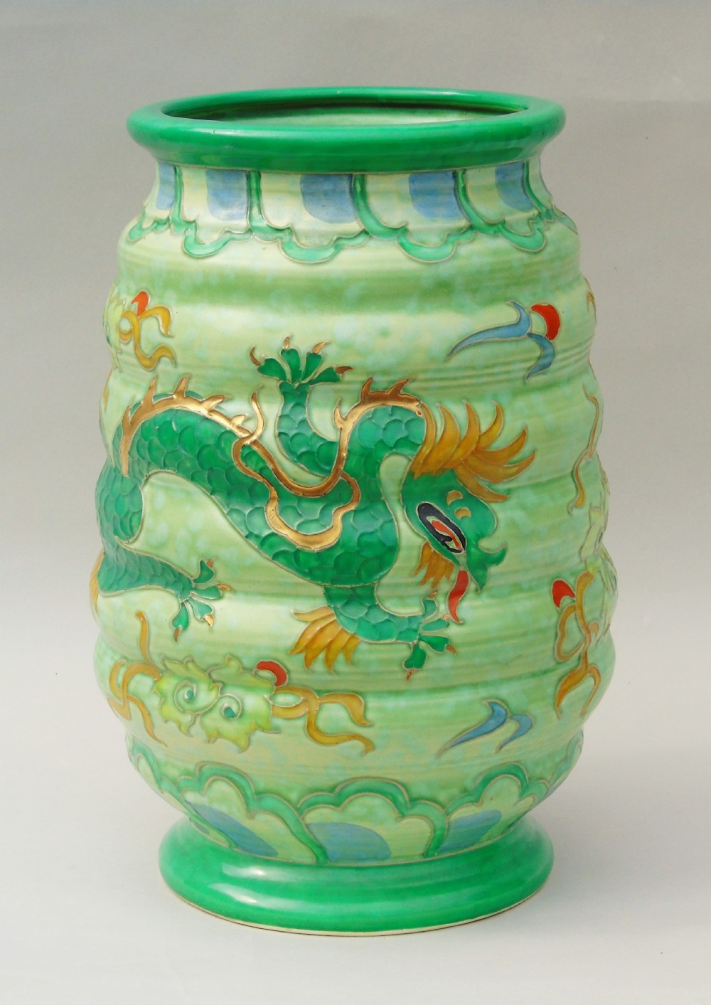 Very Large Charlotte Rhead Tube Lined Vase Manchu Dragon Design