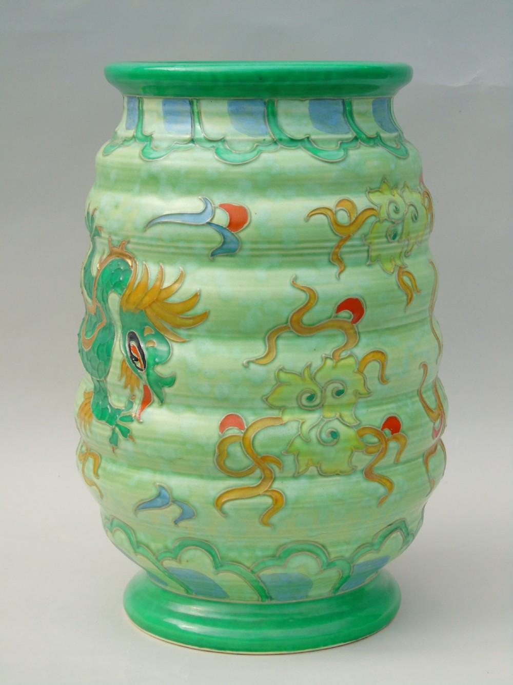 Very Large Charlotte Rhead Tube Lined Vase Manchu Dragon Design View II
