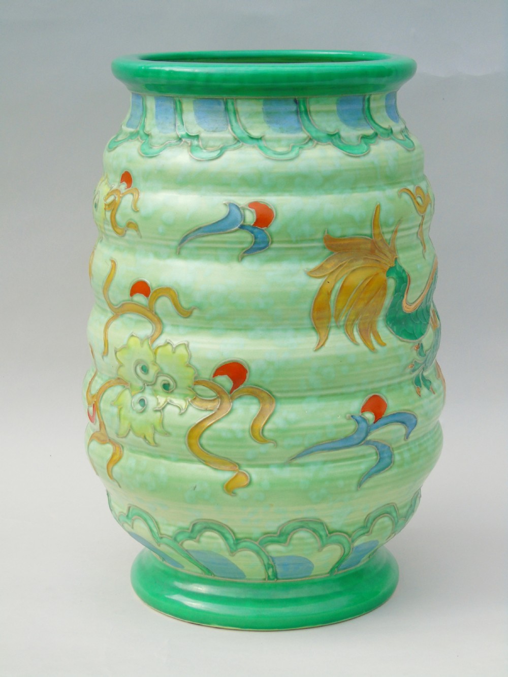 Very Large Charlotte Rhead Tube Lined Vase Manchu Dragon Design View III