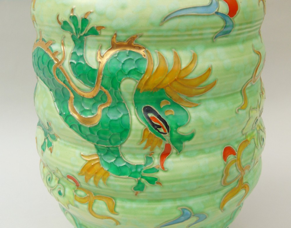 Very Large Charlotte Rhead Tube Lined Vase Manchu Dragon Design View V
