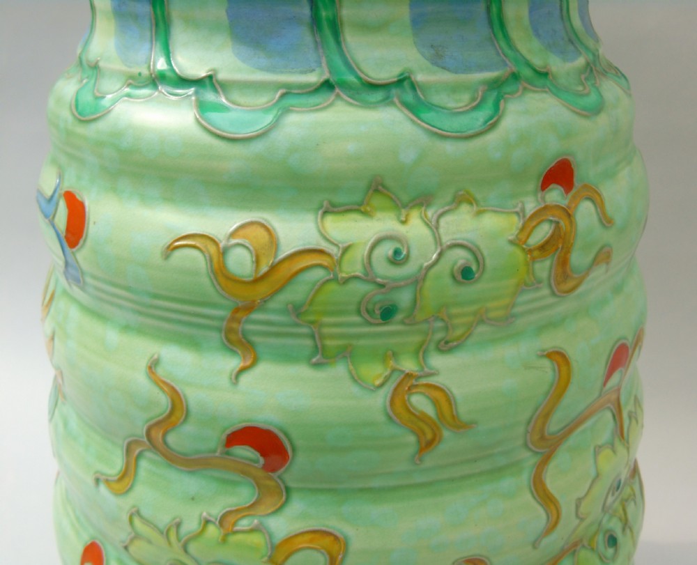 Very Large Charlotte Rhead Tube Lined Vase Manchu Dragon Design View VII