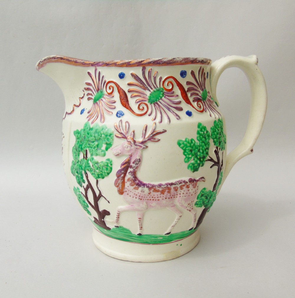 Attractive Pink Lustre Creamware Jug With Deer Circa 1820 View II