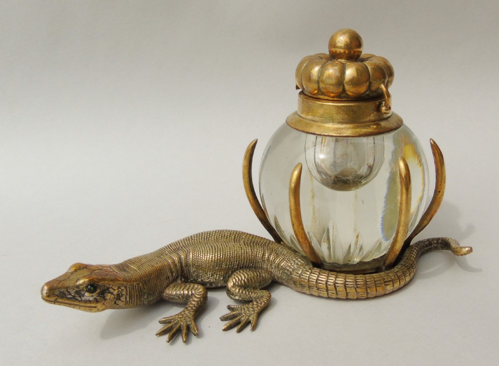 Antique Gilt Bronze and Cut Glass Lizard Inkwell