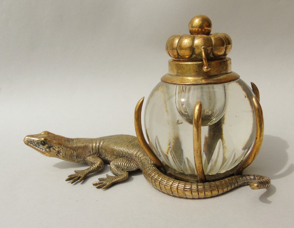Antique Gilt Bronze and Cut Glass Lizard Inkwell View II