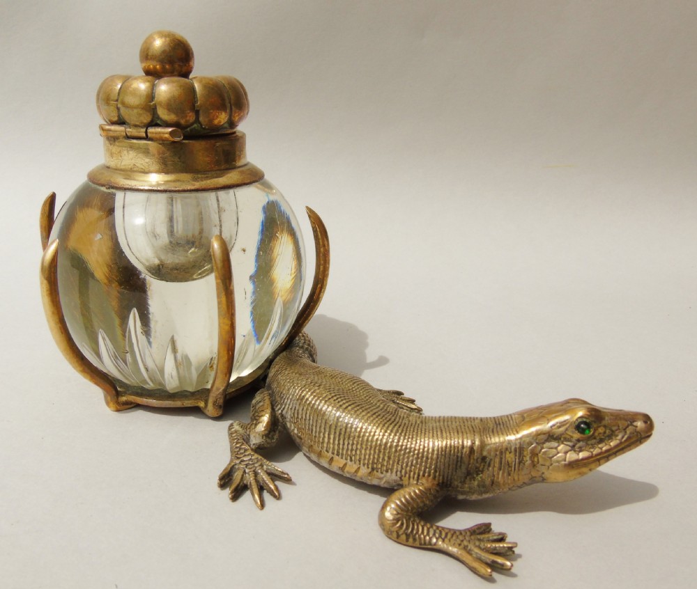 Antique Gilt Bronze and Cut Glass Lizard Inkwell View III