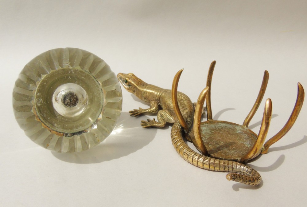 Antique Gilt Bronze and Cut Glass Lizard Inkwell View IV