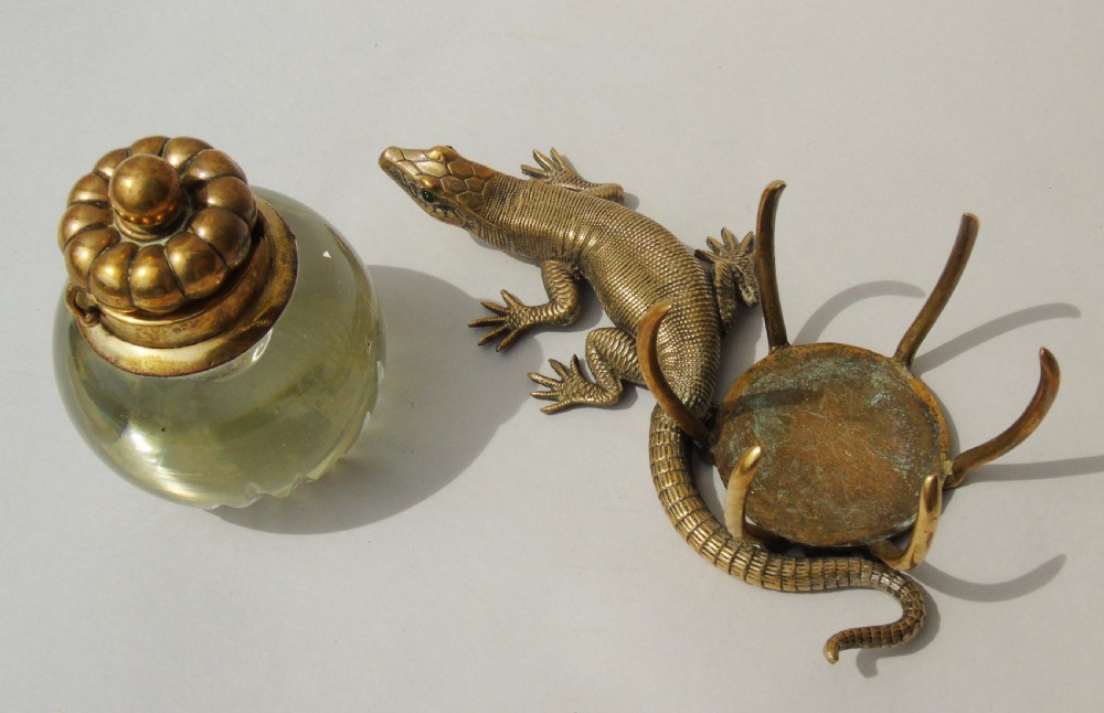 Antique Gilt Bronze and Cut Glass Lizard Inkwell View V
