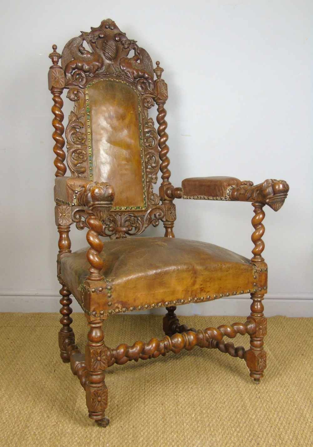 Stunning Large French Carved Leather Chair Griffins