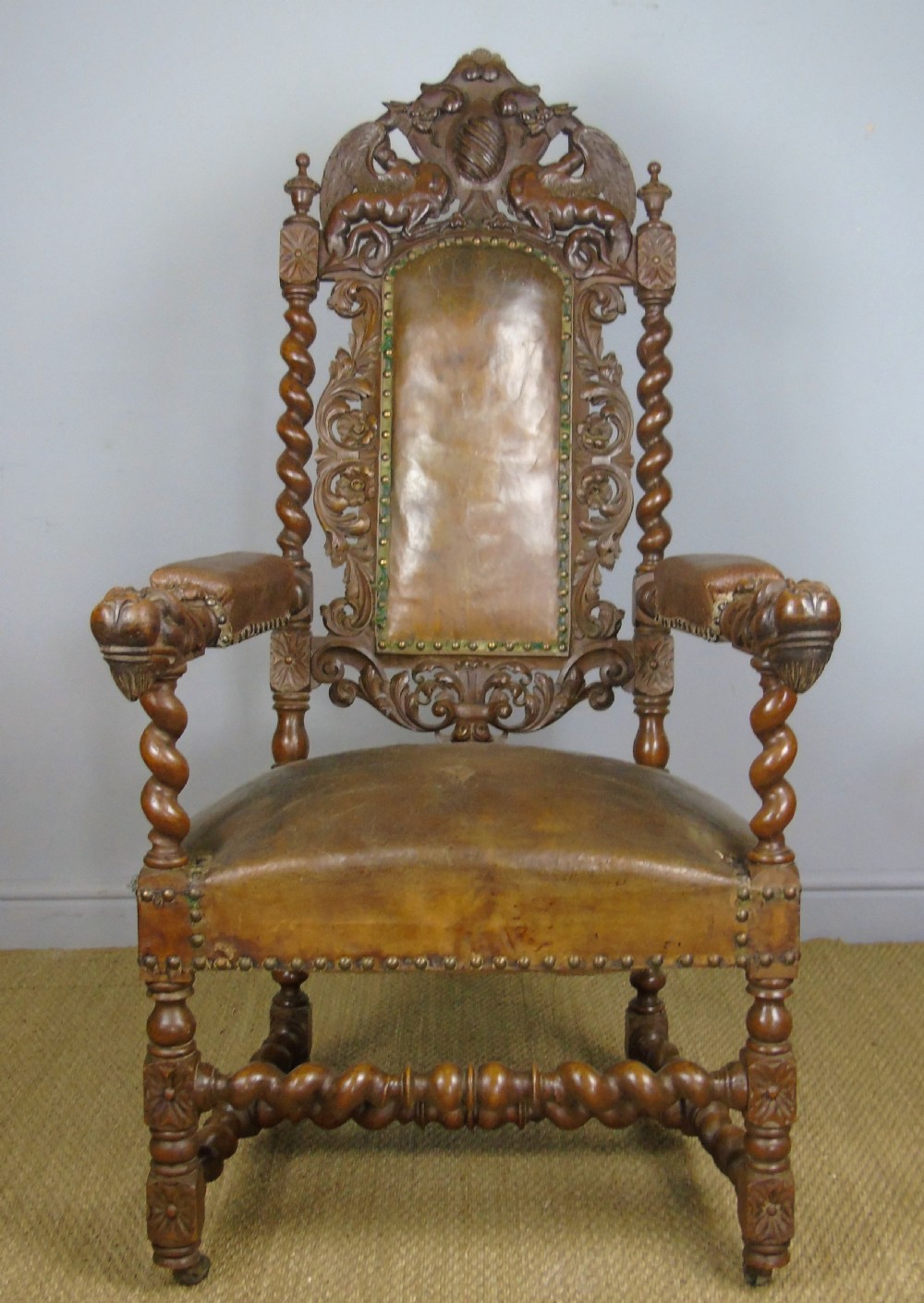 Stunning Large French Carved Leather Chair Griffins View II