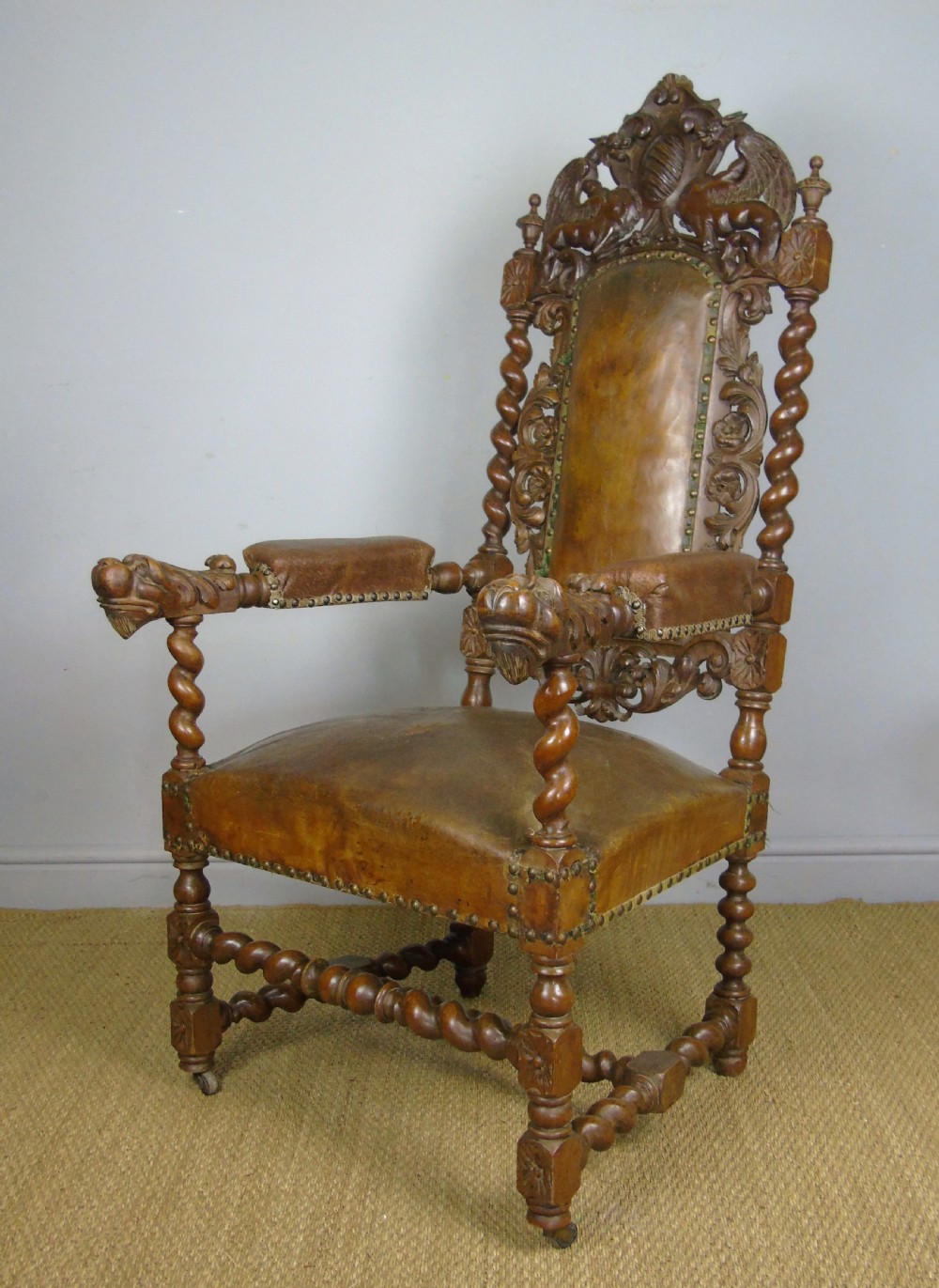 Stunning Large French Carved Leather Chair Griffins View III