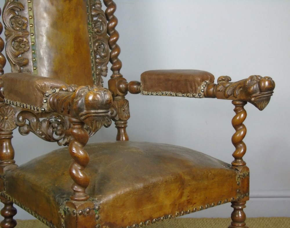 Stunning Large French Carved Leather Chair Griffins View IV