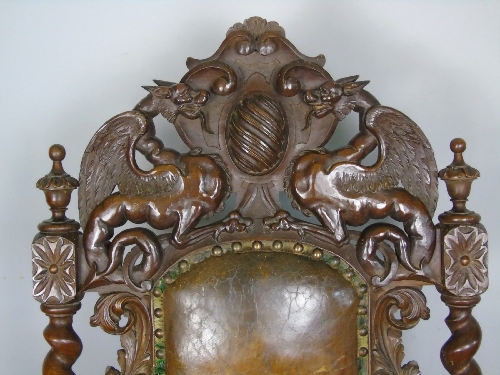 Stunning Large French Carved Leather Chair Griffins View VI