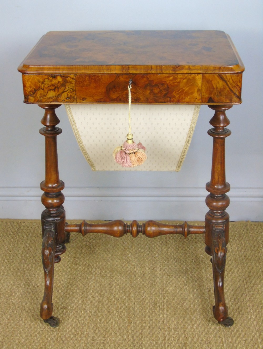 Beautiful Victorian Burr Walnut Sewing Table View II