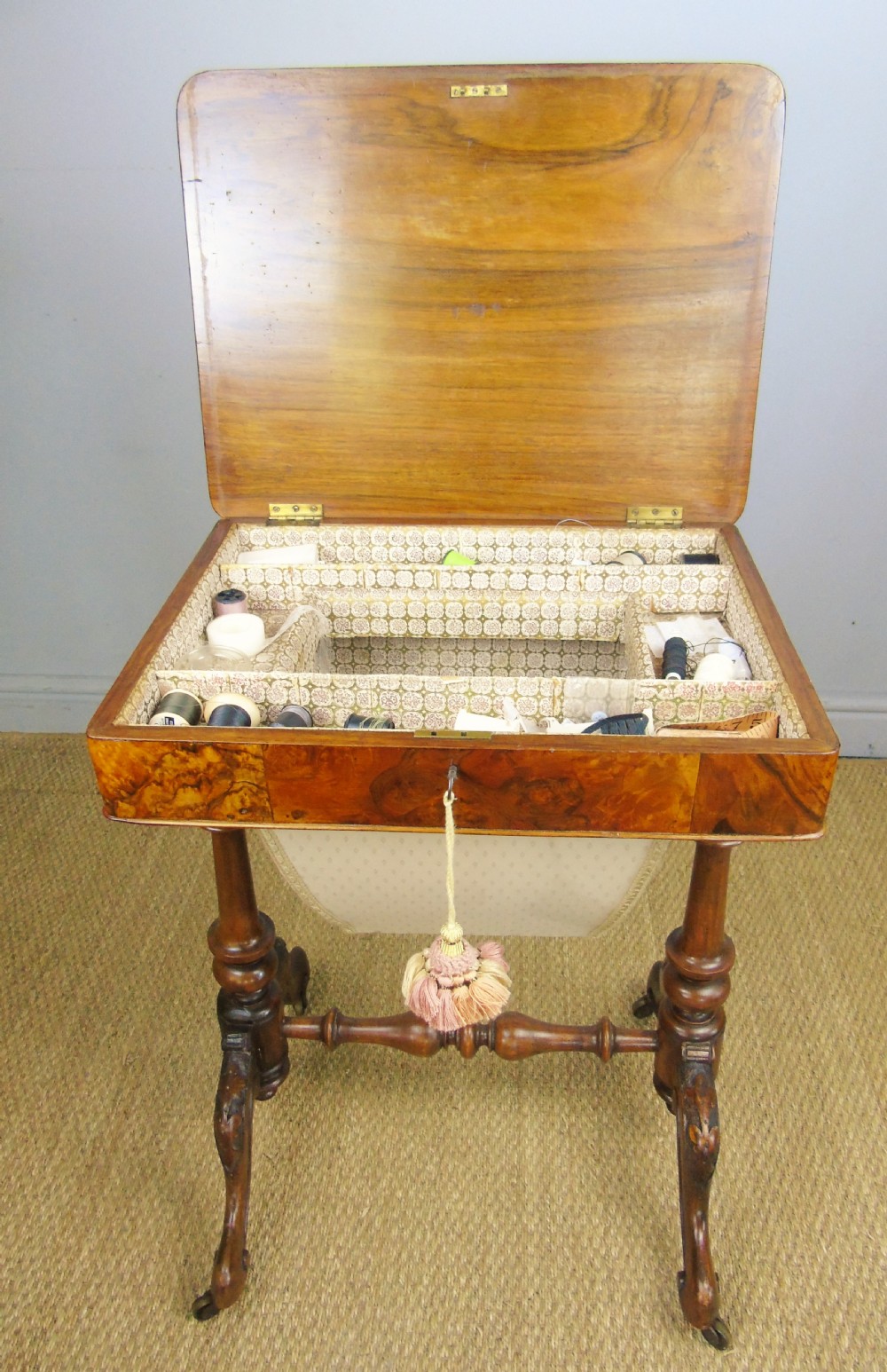 Beautiful Victorian Burr Walnut Sewing Table View V