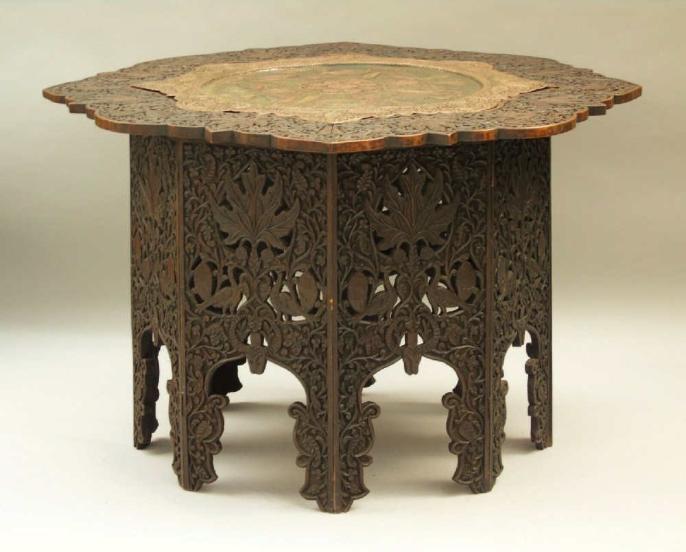 Anglo Indian Hardwood & Copper Table Polychrome Peacock Design 