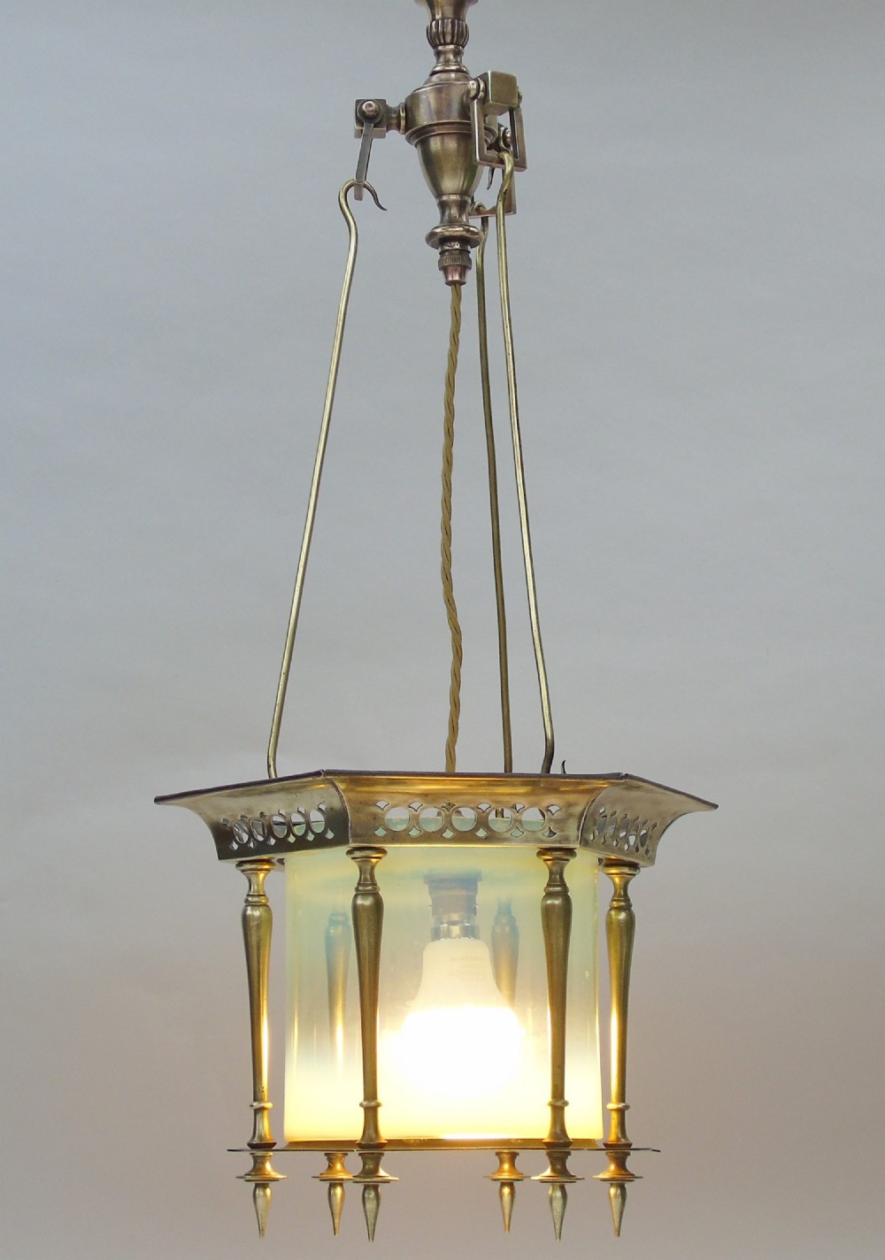 Beautiful Arts & Crafts Vaseline Glass Lantern Chandelier