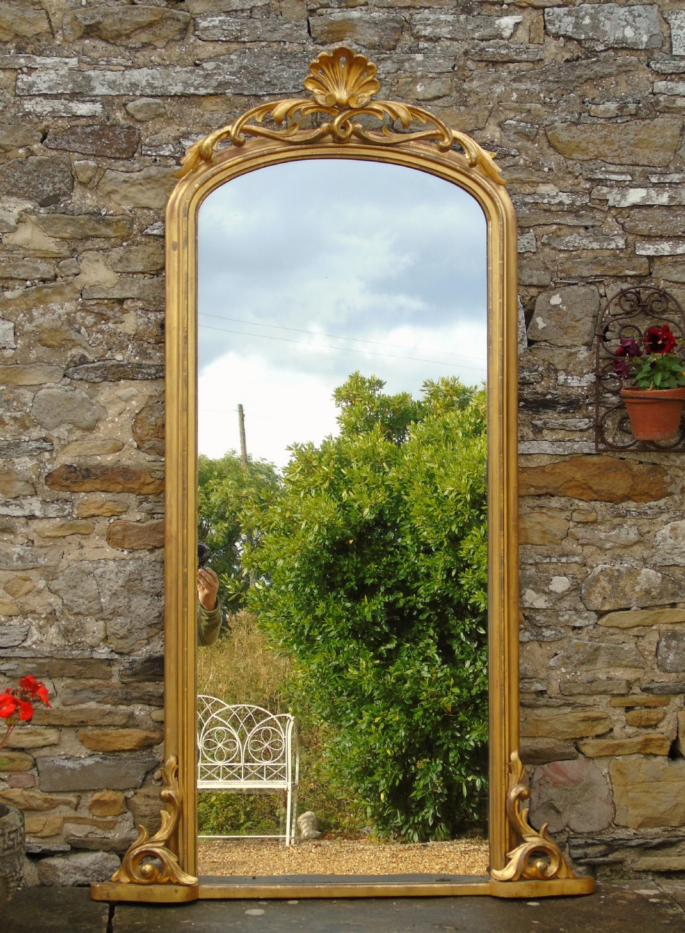 Large Antique French Arched Gilt Mirror of Unusual Size