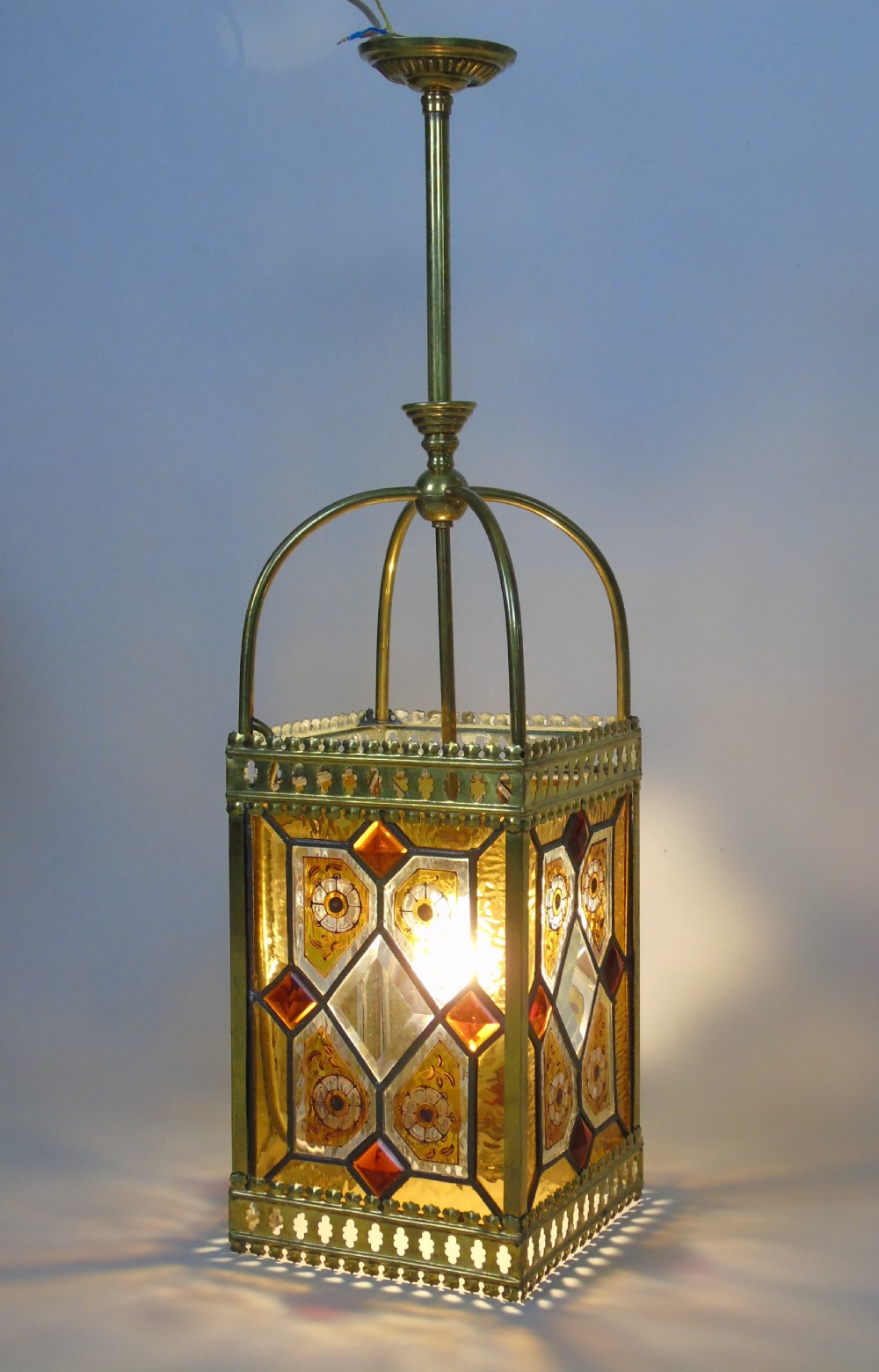 Stunning Antique Stained Glass Hall Lantern View II