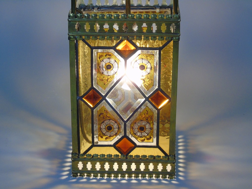 Stunning Antique Stained Glass Hall Lantern View VI