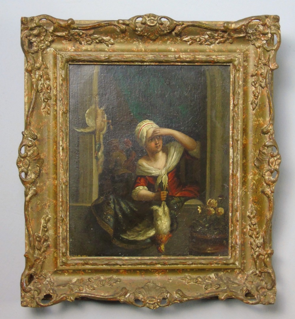 19th Century Flemish Oil Painting The Kitchen Maid