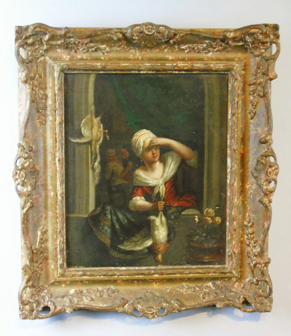 19th Century Flemish Oil Painting The Kitchen Maid View VI