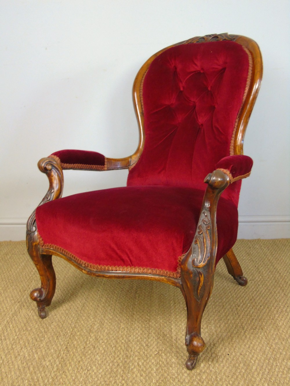 Victorian Mahogany Red Velvet Armchair 
