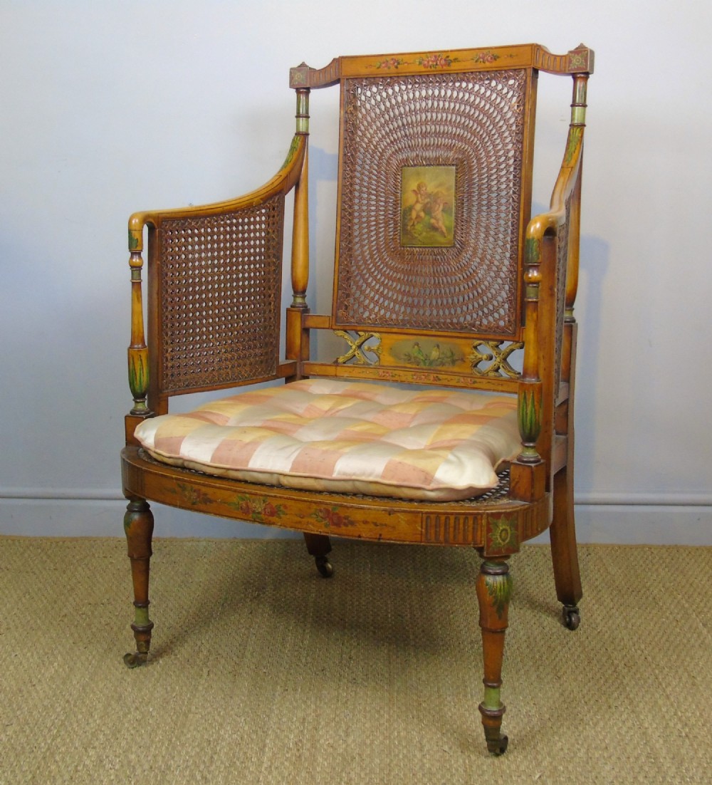 Satinwood Polychrome Regency Revival Bergere Armchair 