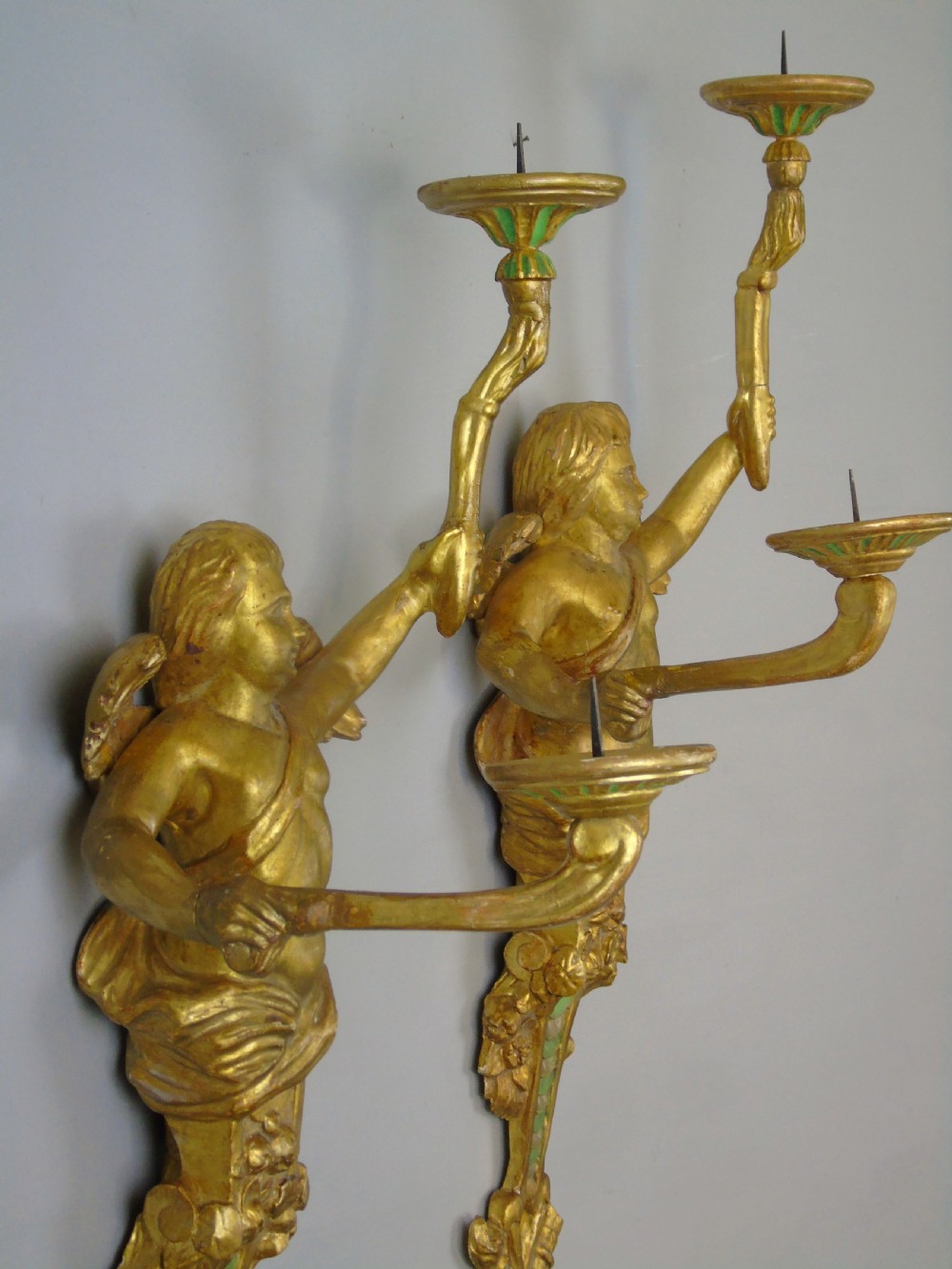 Pair of Italian Carved Giltwood Cherub Wall Candle Sconce View II