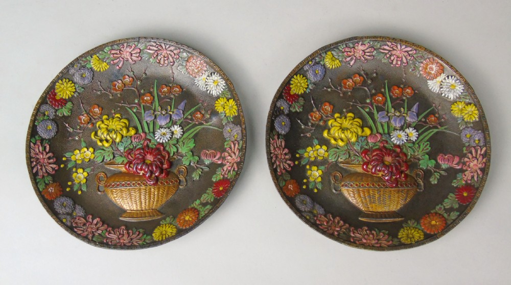 Antique Pair Japanese Enamelled Metal Dishes Meiji Period