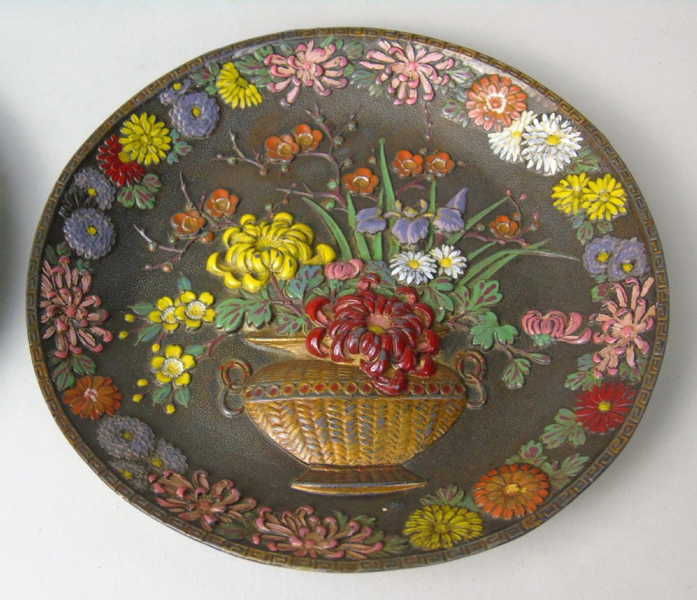 Antique Pair Japanese Enamelled Metal Dishes Meiji Period View III