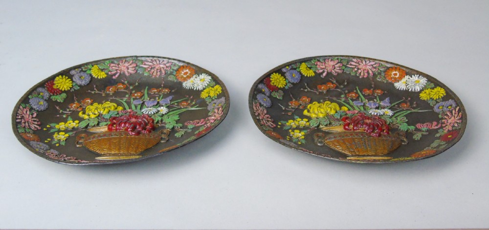 Antique Pair Japanese Enamelled Metal Dishes Meiji Period View VI