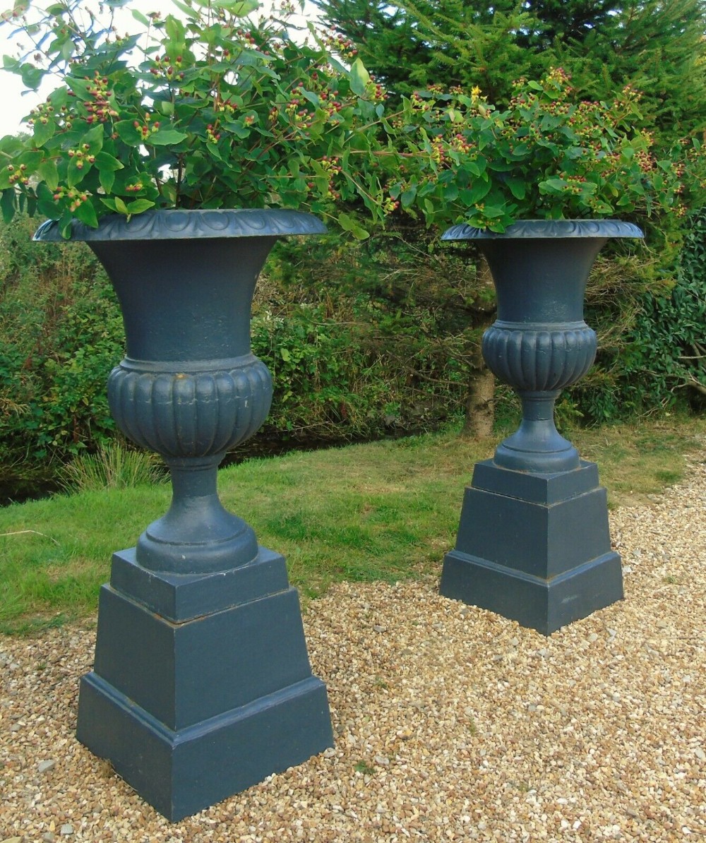 Fine Pair Large 19th Century Cast Iron Campana Garden Urns