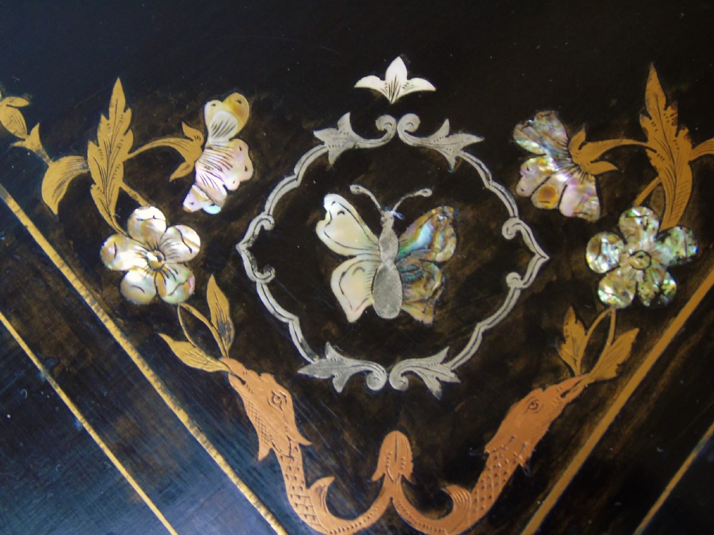 Good 19th Century Mahogany Ebonised & Mother of Pearl Inlaid Sewing Table View IX
