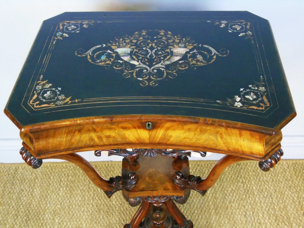Good 19th Century Mahogany Ebonised & Mother of Pearl Inlaid Sewing Table View XI