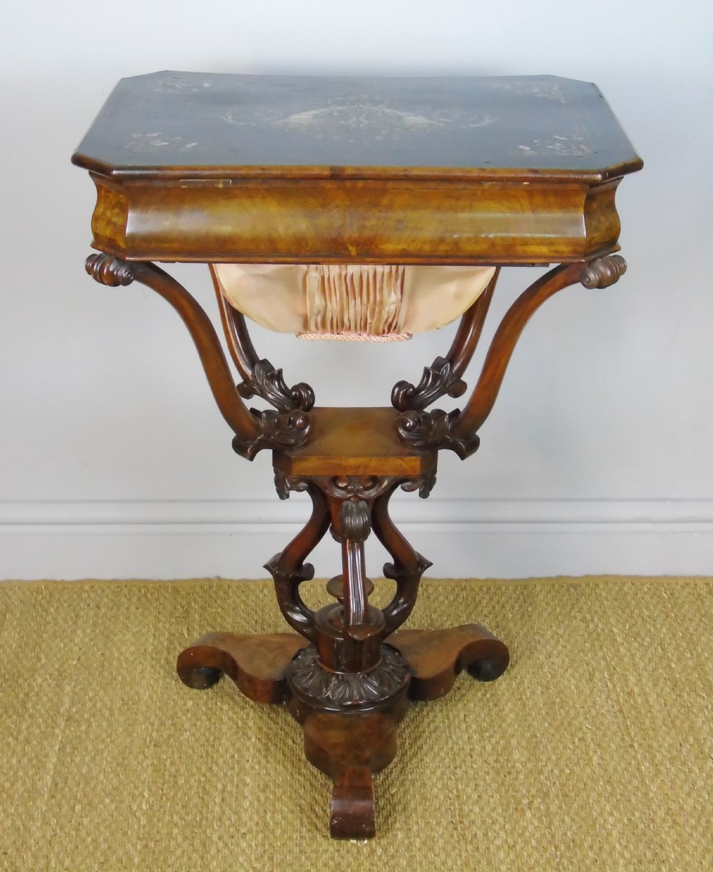 Good 19th Century Mahogany Ebonised & Mother of Pearl Inlaid Sewing Table View XII