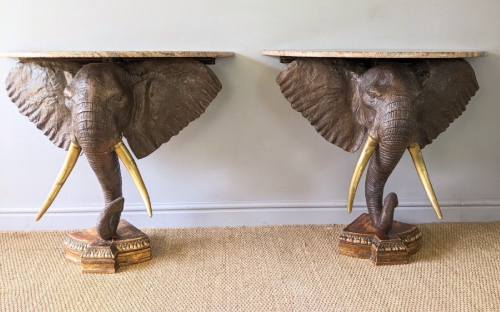 Imposing Pair of Bronze Elephant Head Console Tables    
