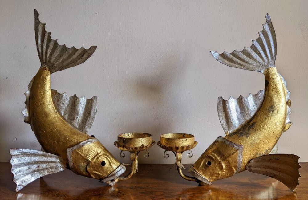 Rare Pair of Large Spanish Gilded Fish Candelabra 