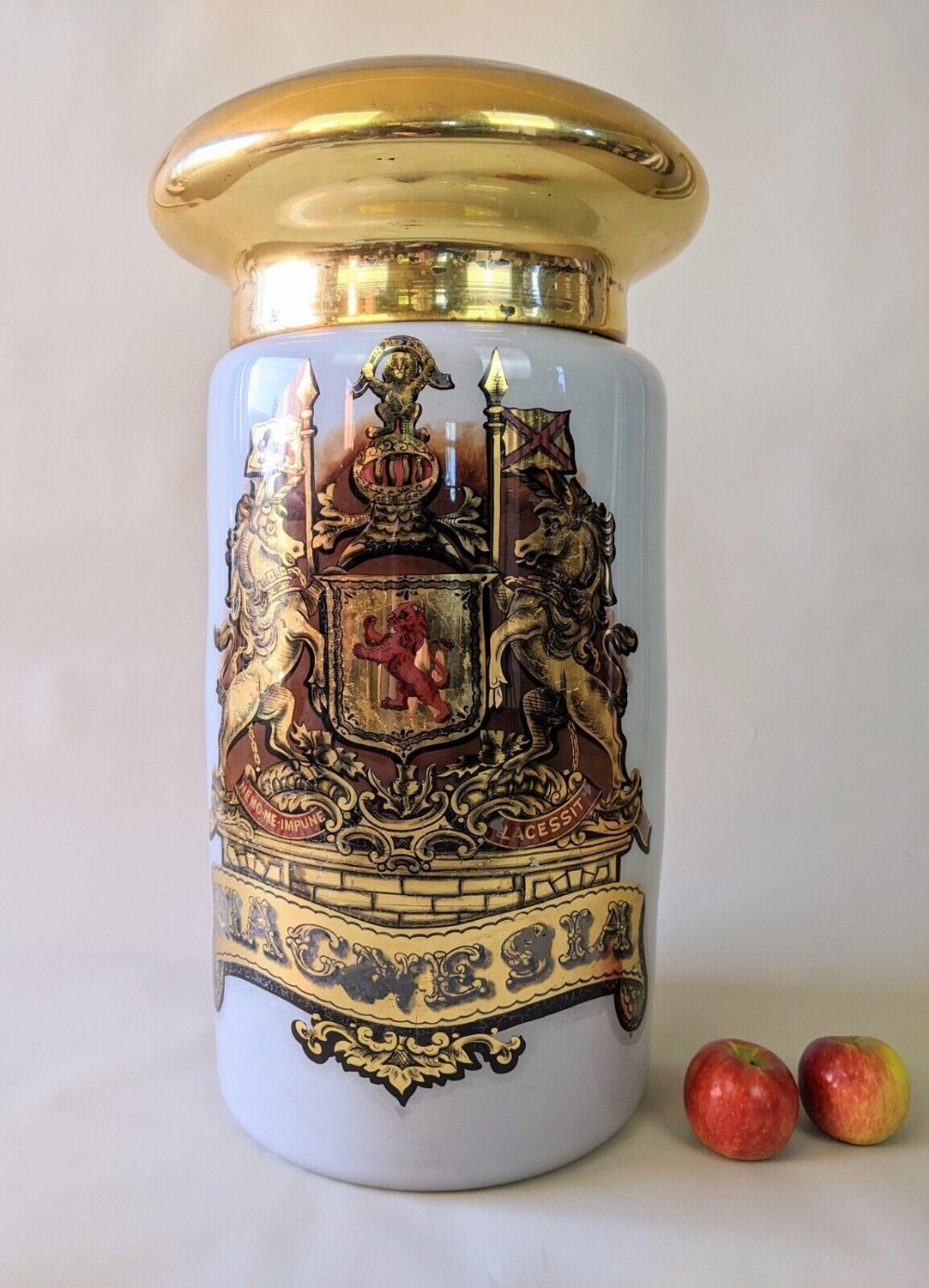 Huge Antique Gilded Apothecary Jar Scottish Coat of Arms
