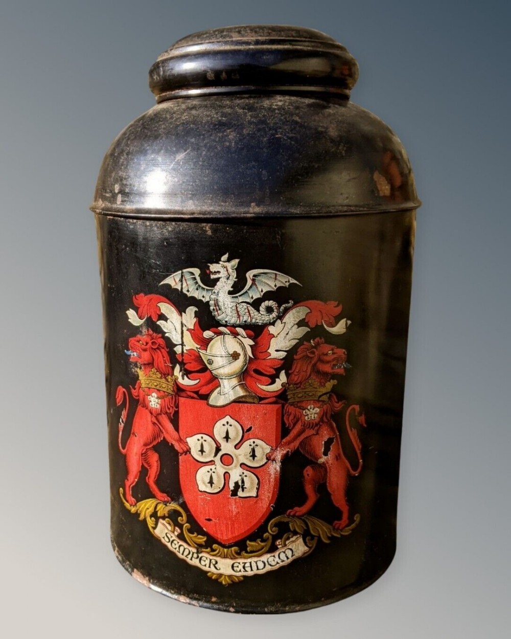 Victorian Toleware Cannister With Coat of Arms Crest