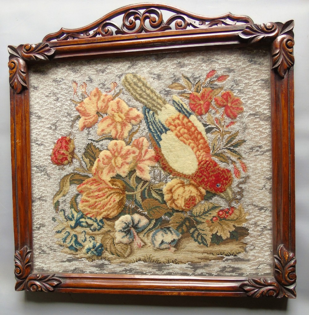 Stunning Victorian Cut Wool Picture Parrot Embroidery 