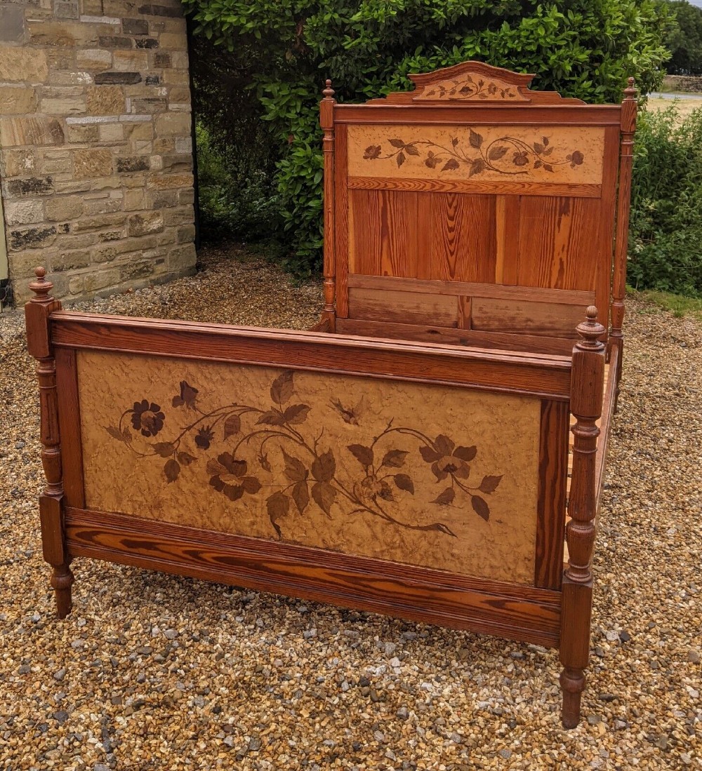 Attractive Marquetry Inlaid Pitch Pine 3/4 Bed