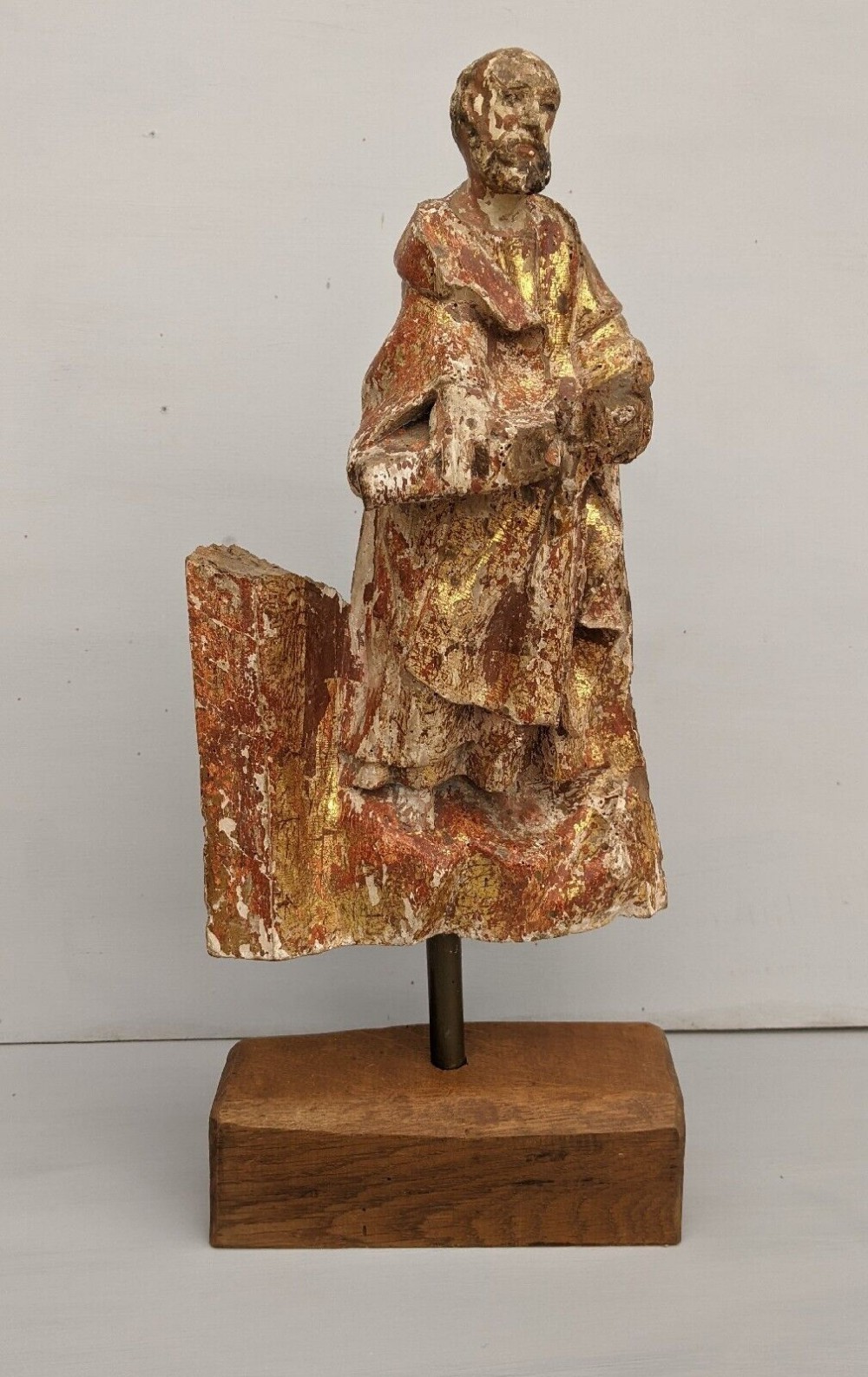 Rare Antique Carved Gilt and Polychrome Figure Saint Paul 17th Century