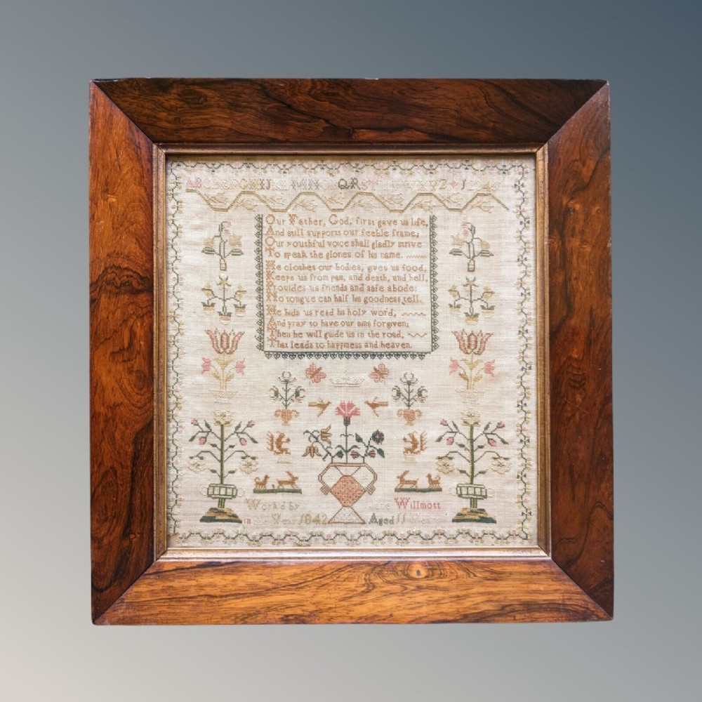 Fine 19th Century Sampler Embroidery by Anne Willmott Aged 11 1842
