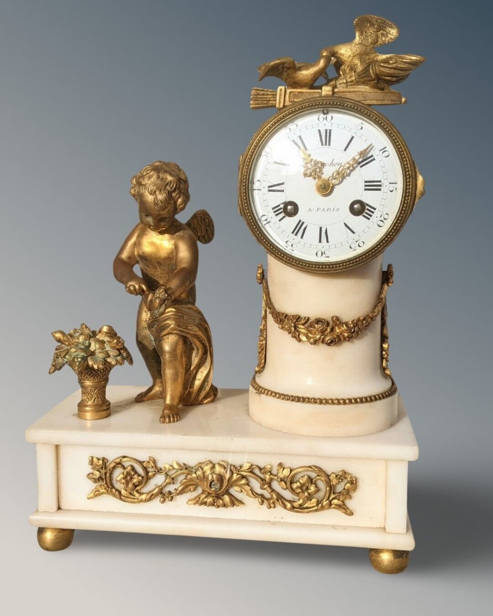 Antique French Bronze & Marble Mantel Clock