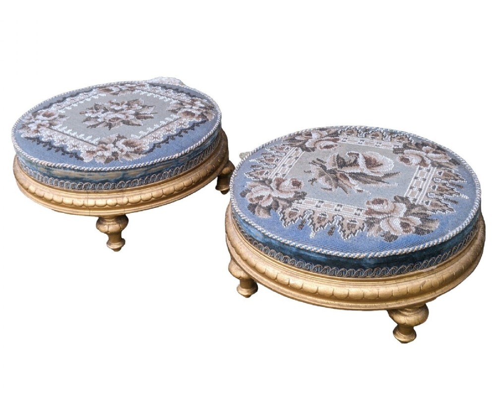 Pair Regency Beadwork Gilt Wood Foot Stools
