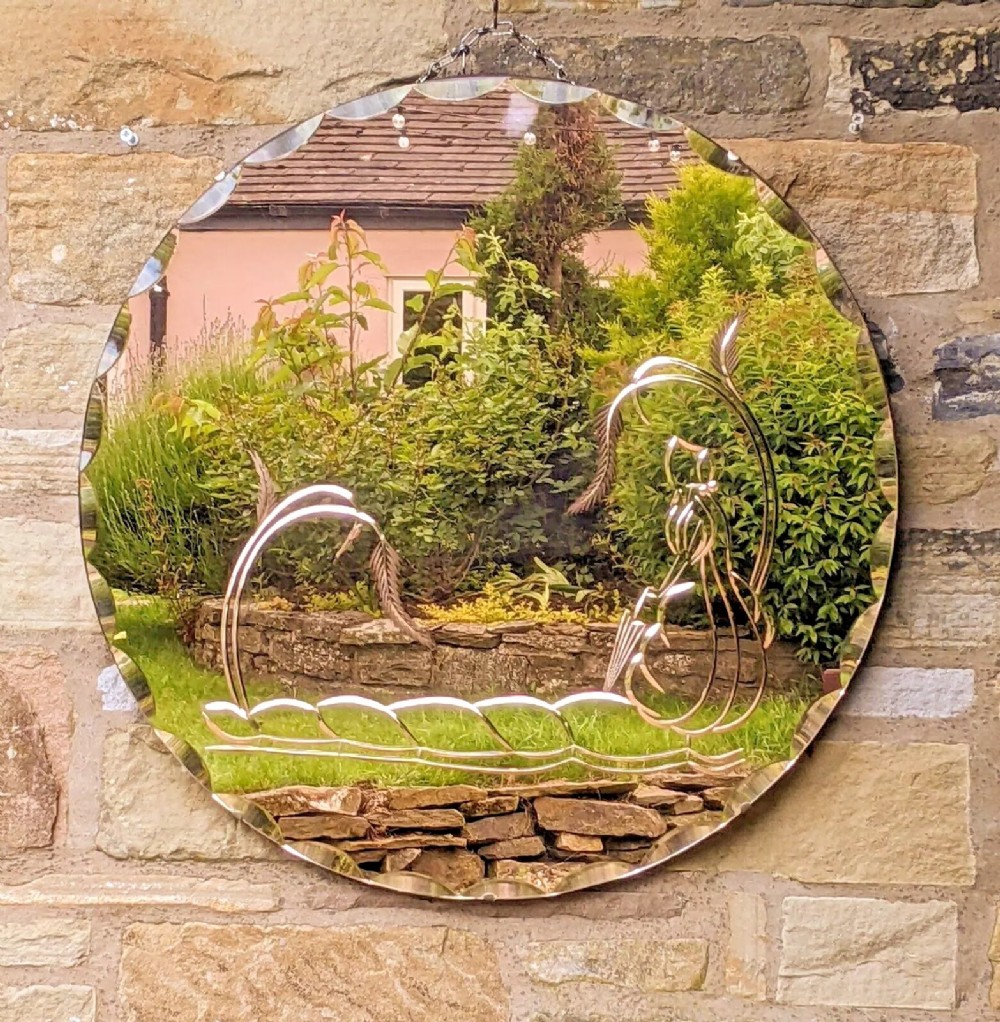 Art Deco Cut Glass Circular Mirror Peach
